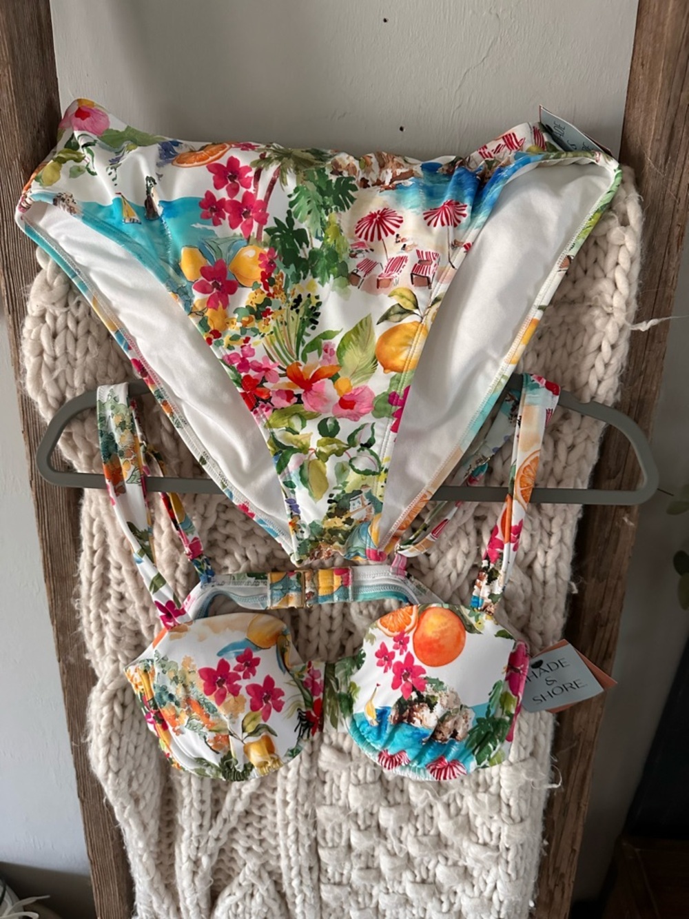 Shade & Shore White Floral Bikini with Bright Multi-Color Tropicals